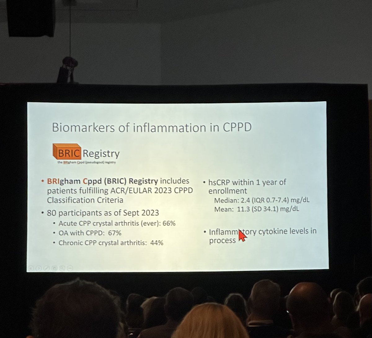 BRIC Registry of people with CPPD arthritis is going to give some valuable insights into this enigmatic disease into the future. Big crowd here this afternoon! ⁦<a href="/SaraKTedeschi/">Sara Tedeschi</a>⁩ #crystalarthritis #ACR23