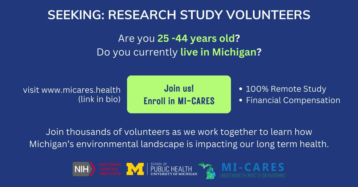 Michiganders: Have you enrolled in the MI-CARES study yet? We hope you consider joining us as we work together to understand how environmental exposures like air pollution & chemicals in personal care products impact long term health. Visit micares.health to learn more!