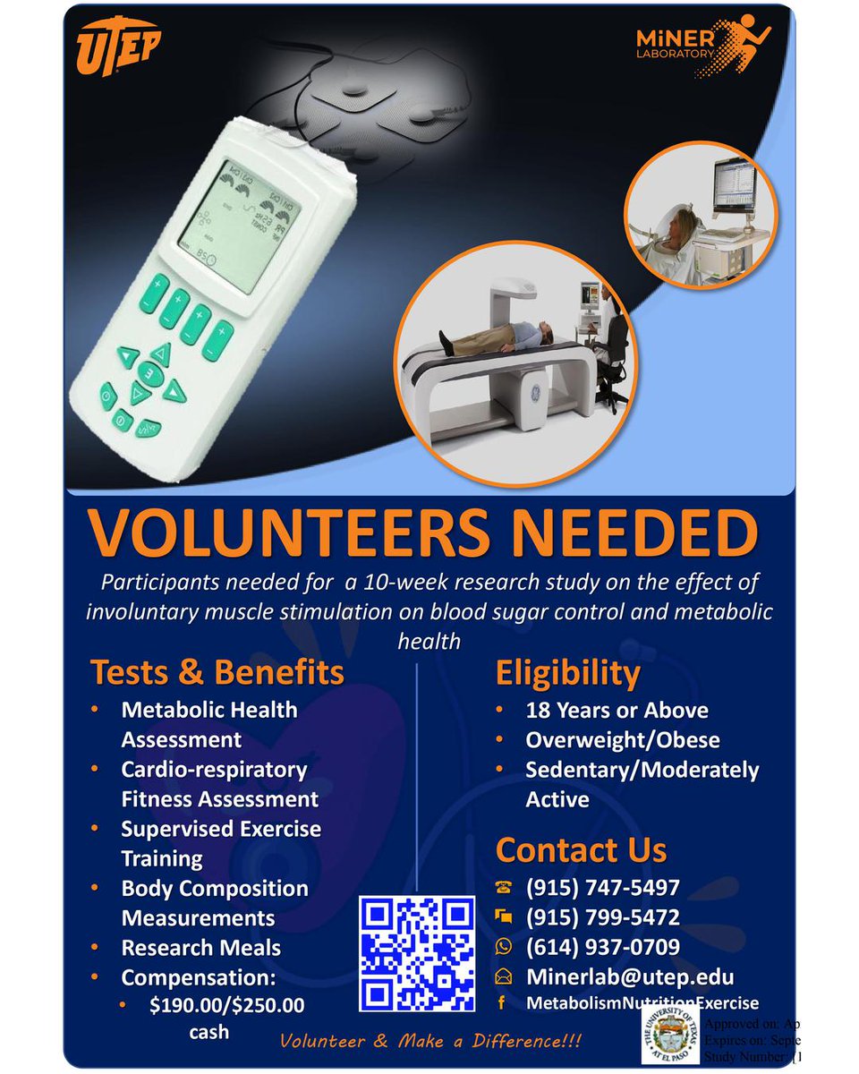 🚀 Join our 10-week health study and get compensated! Seeking individuals 18+ who are ready to improve their metabolic health. 🩺💪 Limited spots. Scan the QR code to learn more! #HealthStudy #VolunteersNeeded #UTEPResearch