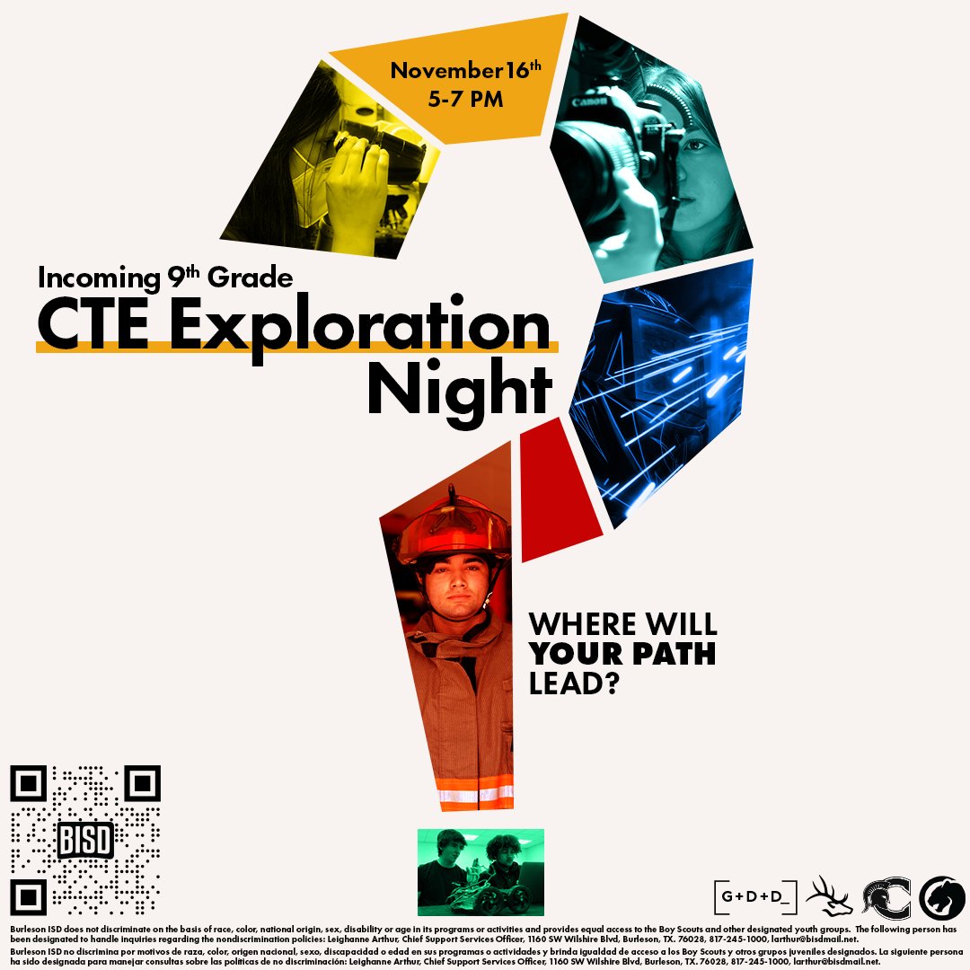 8th grade students will take a tiny little field trip to Hughes to browse the high school CTE options on Tuesday. And then on Thursday you'll have the opportunity to visit any high school campus to learn more Visit this page for more info and free tickets: burlesonisd.net/Page/3600