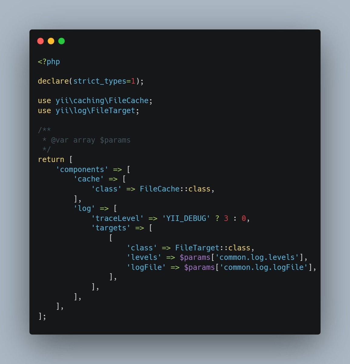 Terabytesoftw's tweet image. In common components.php, configuring shared elements between console and web applications: cache and log.
As we can see, yiisoft/config allows us to access parameters within configurations. We just need to access them through $params
💻📷 #CodingWithWilmer #PHP #YiiFramework…