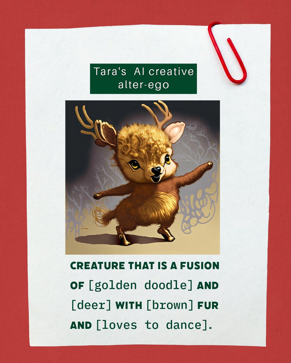 Had FUN with this <a href="/TanyaAvrith/">Tanya Avrith ❤️ 💜 #AdobeEduCreative</a> <a href="/jblakemccrary/">💻 💜✌🏻 Jennifer Blake McCrary ✌🏻💜💻</a> <a href="/shelbel5978/">Shelley Roberts</a>!!! I completed the AI Alter-Ego Creative Challenge!! My fusion of a golden doodle &amp; deer that loves to dance!!! #AdobeEduCreative edex.adobe.com/challenges