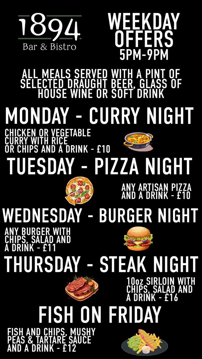 😋 Take a look at our brand new weekday offers with a themed night every evening of the week, available from 5pm-9pm!

#COYM #WeAreMarine