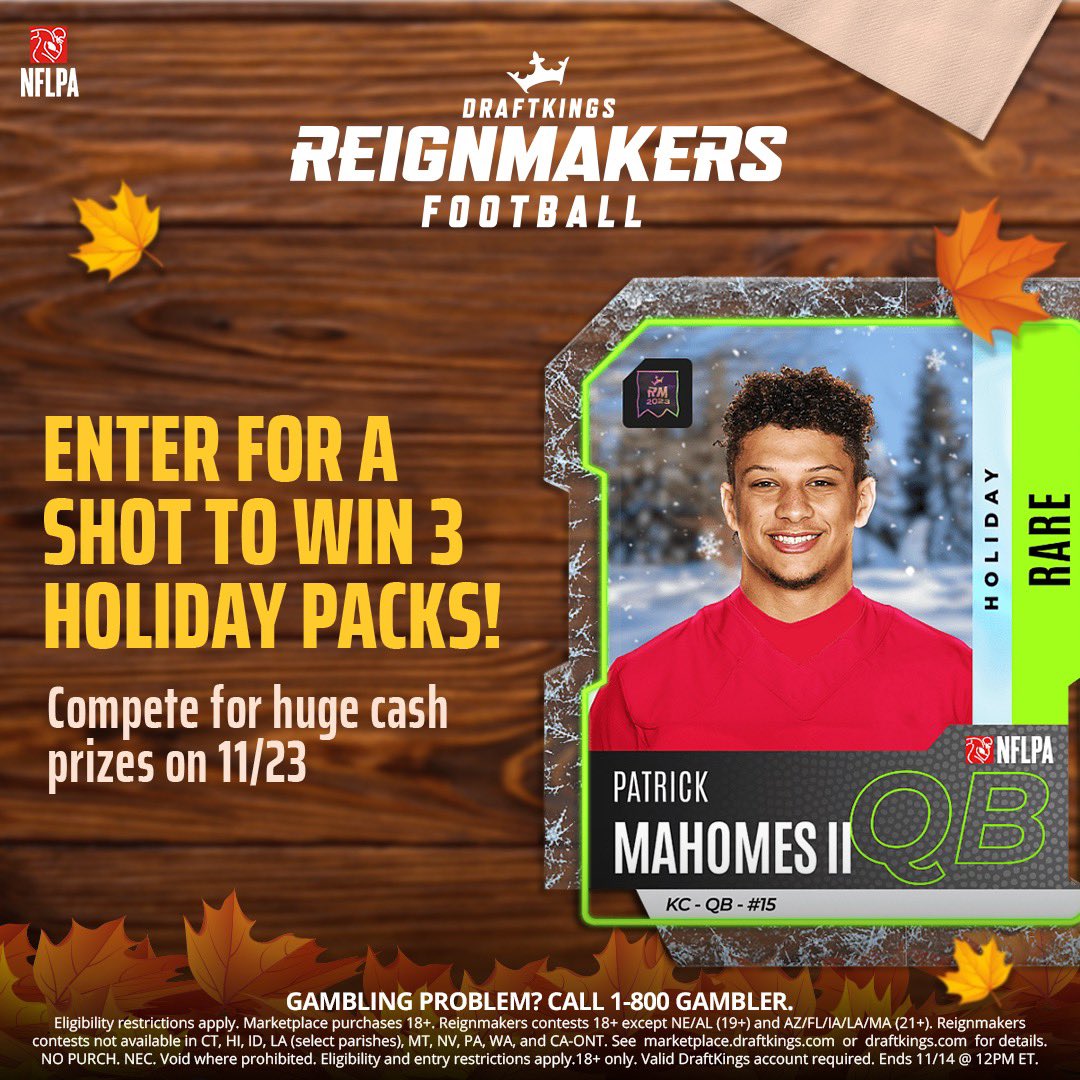 Patrick Mahomes II (@patrickmahomes) on Twitter photo Thanks to <a href="/DraftKings/">DraftKings</a>, I'm giving away 3 DK Reignmakers holiday packs each to 5 winners so you can compete for the top prize on 11/23!
▪Follow <a href="/DKReignmakers/">DraftKings Reignmakers</a>
▪Retweet this
▪Reply with what you’d do if you won ⬇️
Ends 11/14 at 12 PM EST. T&Cs: dkng.co/MAHOMESGIVEAWAY Thanks to <a href="/DraftKings/">DraftKings</a>, I'm giving away 3 DK Reignmakers holiday packs each to 5 winners so you can compete for the top prize on 11/23!
▪Follow <a href="/DKReignmakers/">DraftKings Reignmakers</a>
▪Retweet this
▪Reply with what you’d do if you won ⬇️
Ends 11/14 at 12 PM EST. T&Cs: dkng.co/MAHOMESGIVEAWAY