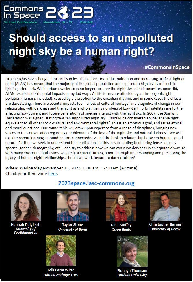 Astro_Barnacle's tweet image. Should access to an unpolluted night sky be a human right?  I’m really looking forward to being part of this amazing panel discussion in a few days! #CommonsInSpace #darksky #protectthenight #nightskyconnectedness #nature