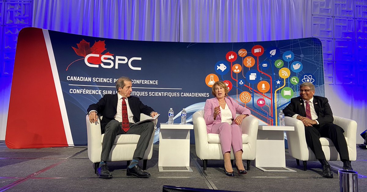 An insightful and inspiring opening session with science leaders @ChiefSciCan and @NSFDrPanch moderated by @alejandroadem at #CSPC2023. Important messages shared about science diplomacy, and broadening participation in and access to science.