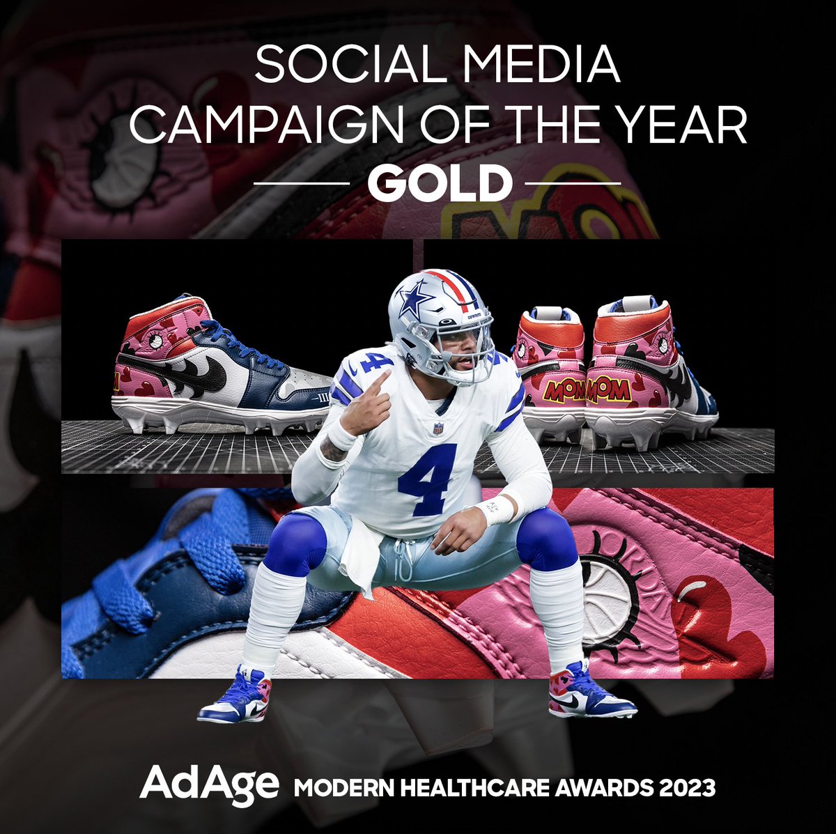 Proud to be recognized for Social Media Campaign of the Year for our work featuring @dallascowboys @dak @bswhealth @jwdanklefs 🎞️ @CUTango #cowboysnation #faithfightfinish #sportsmarketing #healthcaremarketing #socialmediaadvertising #influencermarketing #dallasadvertising