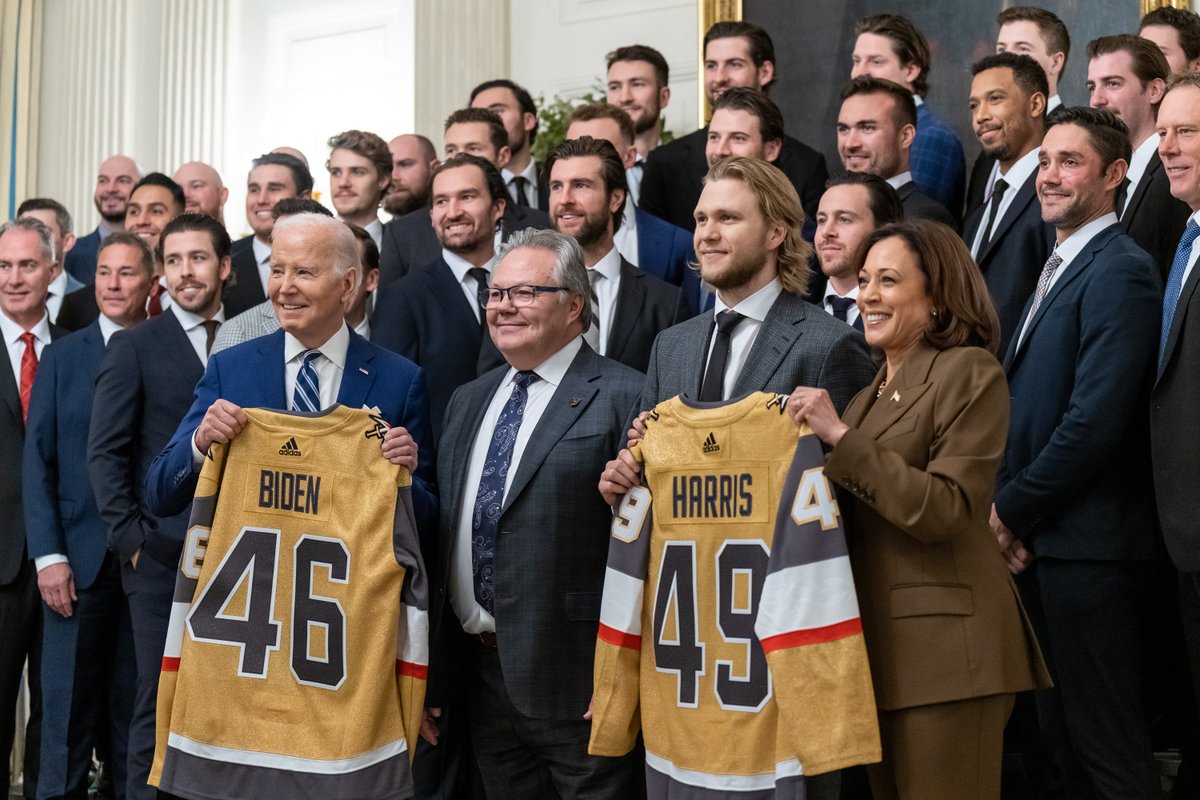 WhiteHouse46's tweet image. Today, President Biden welcomed the Vegas Golden Knights to the White House to celebrate their 2023 Stanley Cup victory. Congratulations, @GoldenKnights!