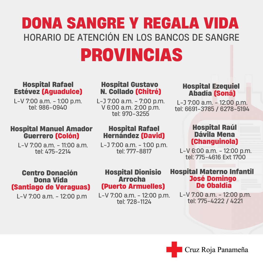La <a href="/CruzRojaPanama/">Cruz Roja Panameña</a> exhorta a la población a donar sangre en los hospitales y bancos de sangre de la ciudad de Panamá y el interior del país, y comparte un listado de puntos habilitados. #TReporta