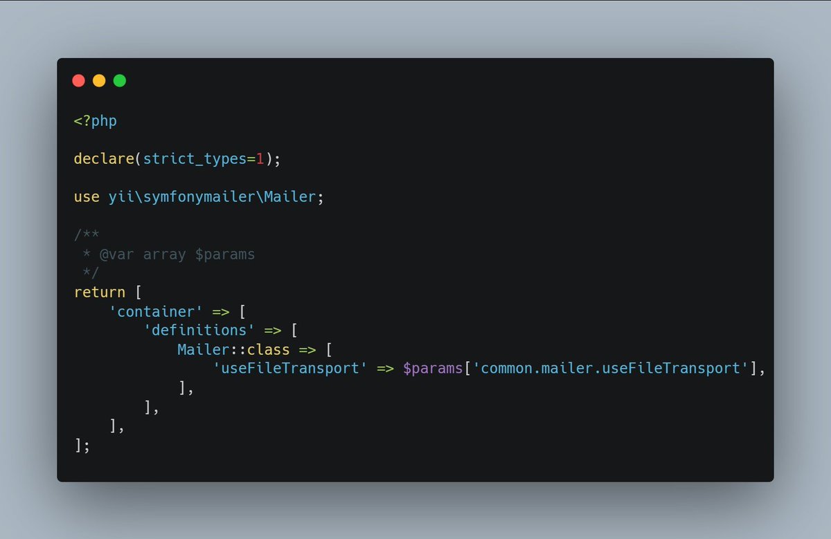 Terabytesoftw's tweet image. In common/container.php, we configure our definitions in the di container of #Yii2, which will be used by both our console and web applications.
💻📷 #CodingWithWilmer #PHP #YiiFramework #Yii2 #Yii3 #ConfigManagement #CommonConfiguration