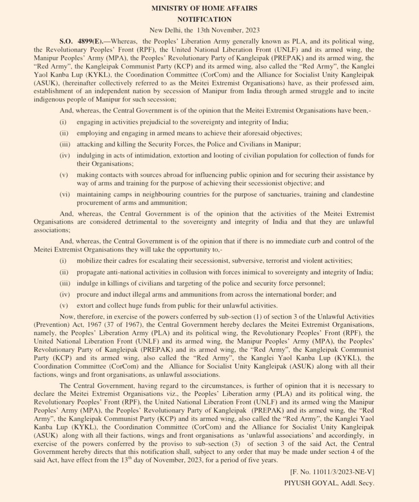 Ministry of Home Affairs today declared the Meitei Extremist Organisations due to unlawful activities over the decades.
Currently #MeiteiMilitants disguised as Manipur state police forces and continuously launching an attack on the #Kuki_Zo tribal areas.
#Meiteiterrorists