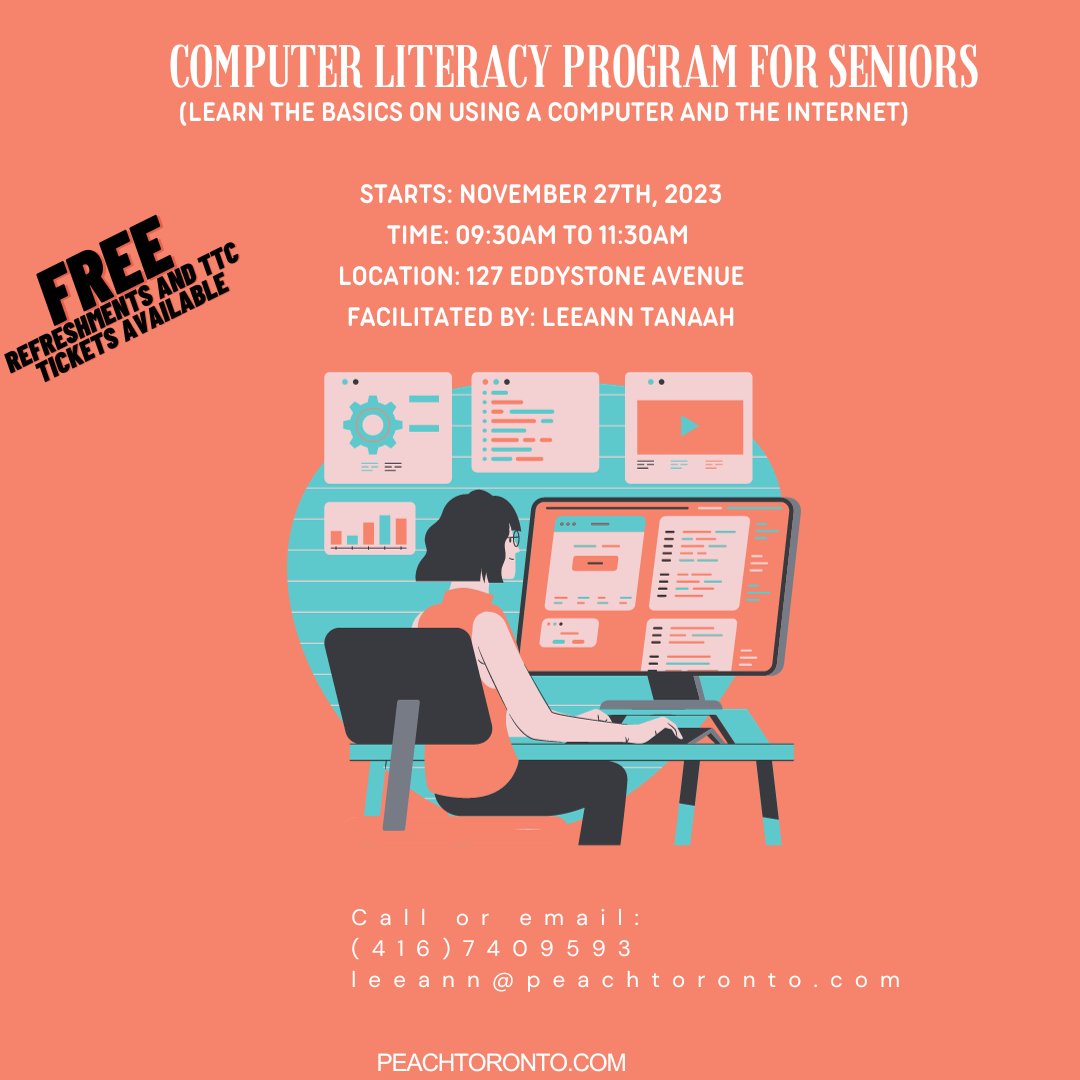 We are seeking a new cohort of participants for our Computer Literacy Program. If you are interested or know someone who can benefit, please get in touch with leeann@peachtoronto.com or call (416) 740-9593. #ComputerLiteracy