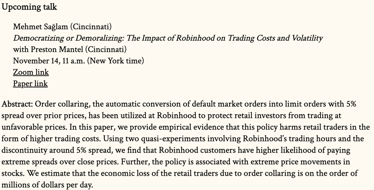 bjornhagstromer's tweet photo. This week at https://t.co/zRXAFa9ag6, Mehmet Saglam (@memetsaglam) will talk about the impact of Robinhood on trading costs and volatility. Tues Nov 12, 5 pm CET / 11 am EST. https://t.co/1gKwJ991mm