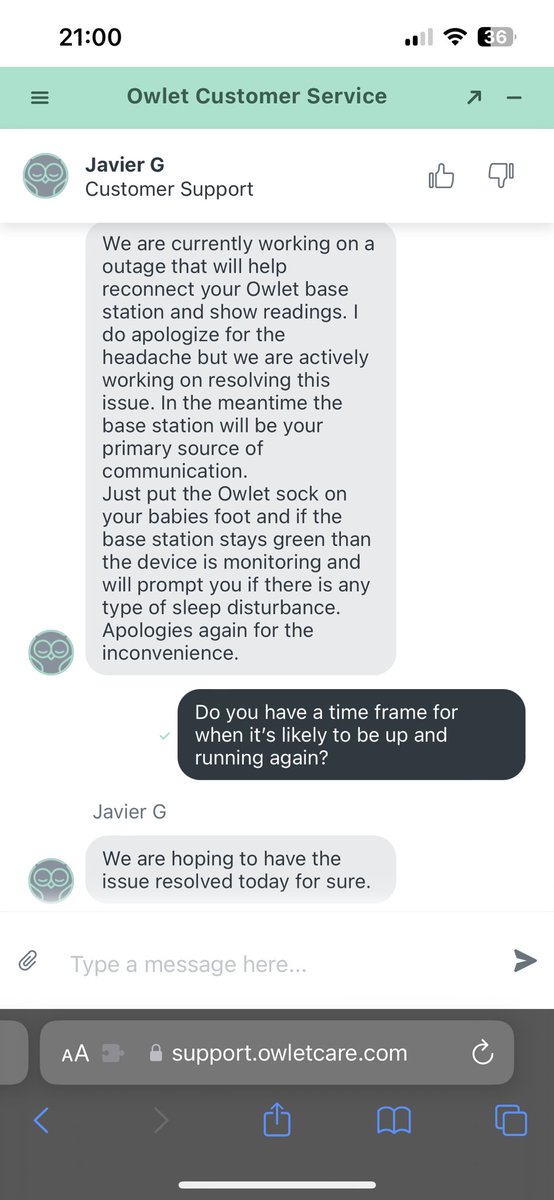 LAtkin21's tweet photo. @RachelGull @Lead_TandL @owletbabycare Yes definitely super irritating! I finally managed to get through to Owlet Chat if this helps at all. https://t.co/o0CU7ct4pb