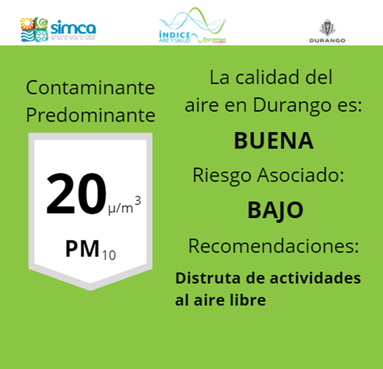 SimcaDgo's tweet photo. 13/11/23 La calidad del aire en DURANGO al momento es buena, con mayor concentración en Estación IPN https://t.co/cgU4j3cV7U