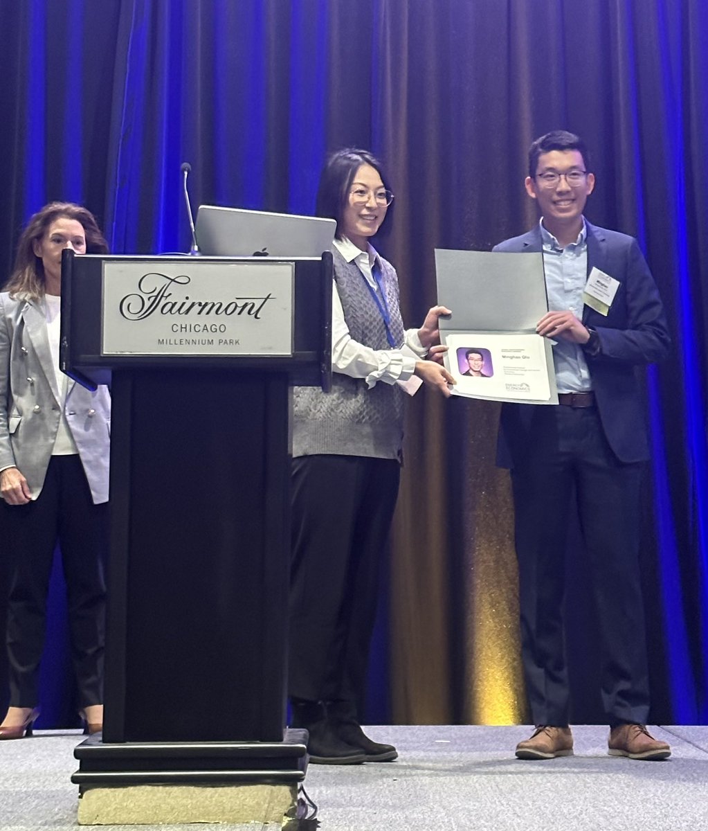 We are happy to announce that Minghao Qiu, postdoctoral scholar at @Stanford, was recognized at #usaee2023 as the winner of the Young Professional Best Research paper competition, led by Yuting Yang of @UNM, selected by judges @StefanAmbec, @AnnaE_Broughel, @SchTim1, Paige Weber.