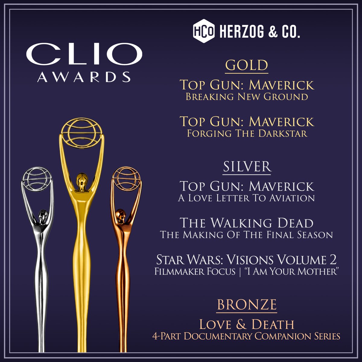 Proud moment alert! Grateful to be recognized with 6 Clio Awards for our work this past year. Here's to the incredible team and studio partners that made it all possible! #ClioAwards