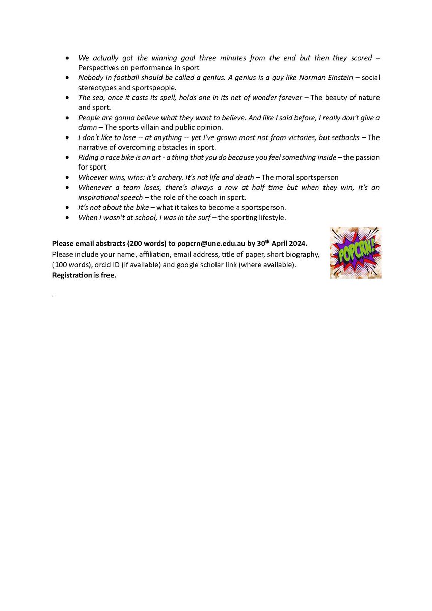 Announcing our host publication for “Field of Dreams”: The Popular Culture of Sports': @SportInSocietyJ Free, online conference 25-26 July '24 abstracts to PopCRN@une.edu.au by 30 Apr keynote @adele_pavlidis @CFP_Bot #phdchat #CFP #sport @AcademicChatter #AcademicTwitter