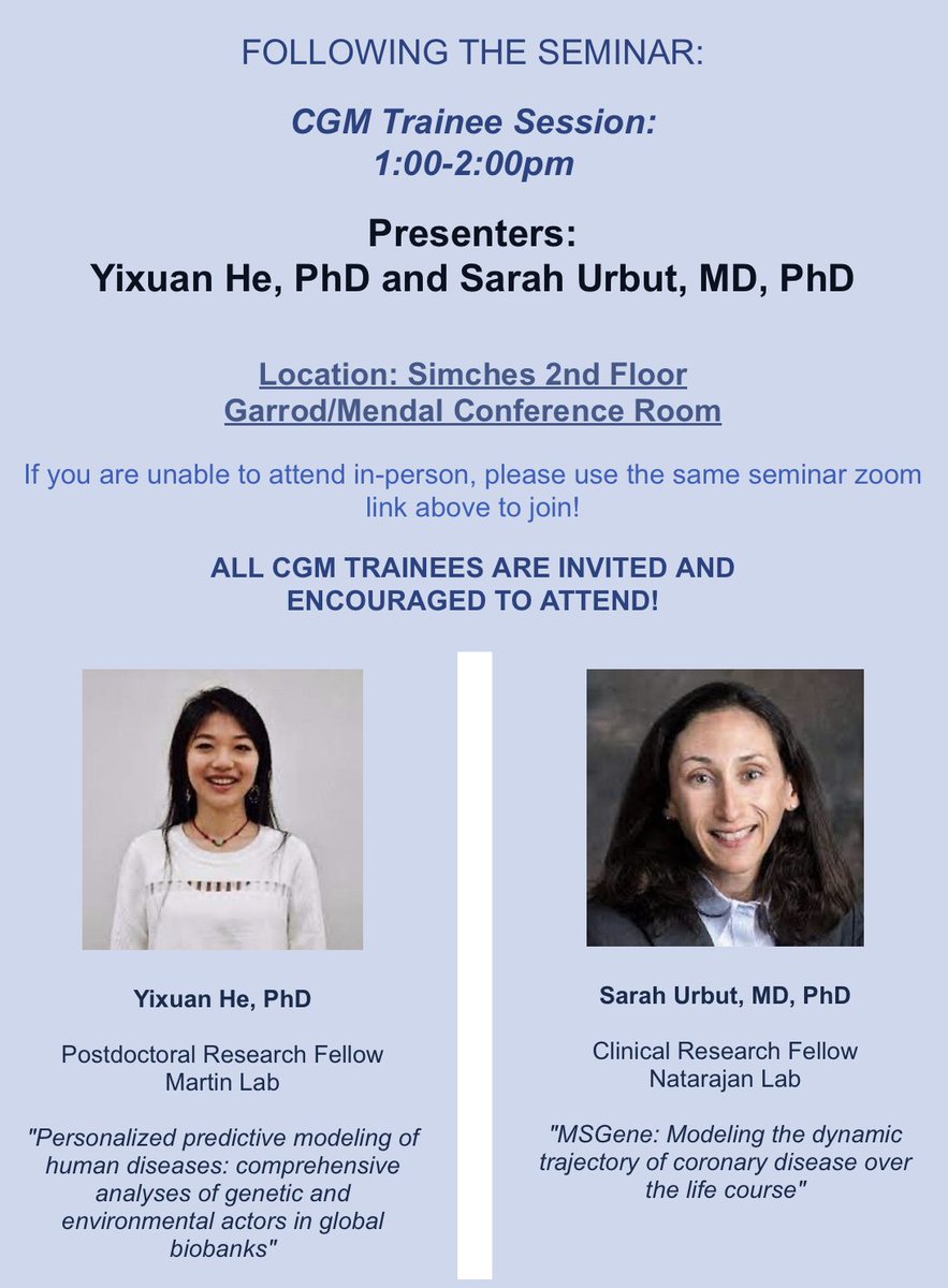 Pradeep Natarajan (@pnatarajanmd) on Twitter photo Join us Wed 11/15 12-1p in Simches 3.110 to hear exciting new unpublished work from <a href="/AniruddhPatelMD/">Aniruddh Patel</a> & <a href="/skoyamamd/">Satoshi Koyama</a> for the <a href="/CGM_MGH/">CGM at MGH</a> @MGH_RI weekly seminar, and also from <a href="/tigerstatdoc/">Sarah Urbut</a> & <a href="/he_yix/">Yixuan He</a> 1-2p in Simches 2 Garrod/Mendel during the <a href="/CGM_MGH/">CGM at MGH</a> trainee session Join us Wed 11/15 12-1p in Simches 3.110 to hear exciting new unpublished work from <a href="/AniruddhPatelMD/">Aniruddh Patel</a> & <a href="/skoyamamd/">Satoshi Koyama</a> for the <a href="/CGM_MGH/">CGM at MGH</a> @MGH_RI weekly seminar, and also from <a href="/tigerstatdoc/">Sarah Urbut</a> & <a href="/he_yix/">Yixuan He</a> 1-2p in Simches 2 Garrod/Mendel during the <a href="/CGM_MGH/">CGM at MGH</a> trainee session