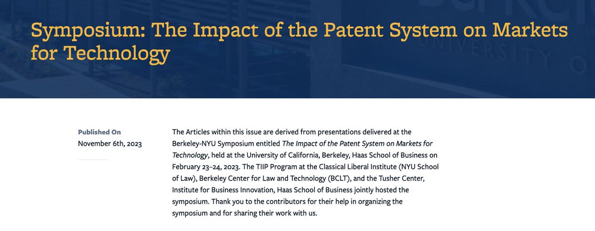 Articles from the Berkeley-NYU Symposium 'The Impact of the Patent System on Markets for Technology' are now published on our website. Read them here: btlj.org/2023/11/sympos…