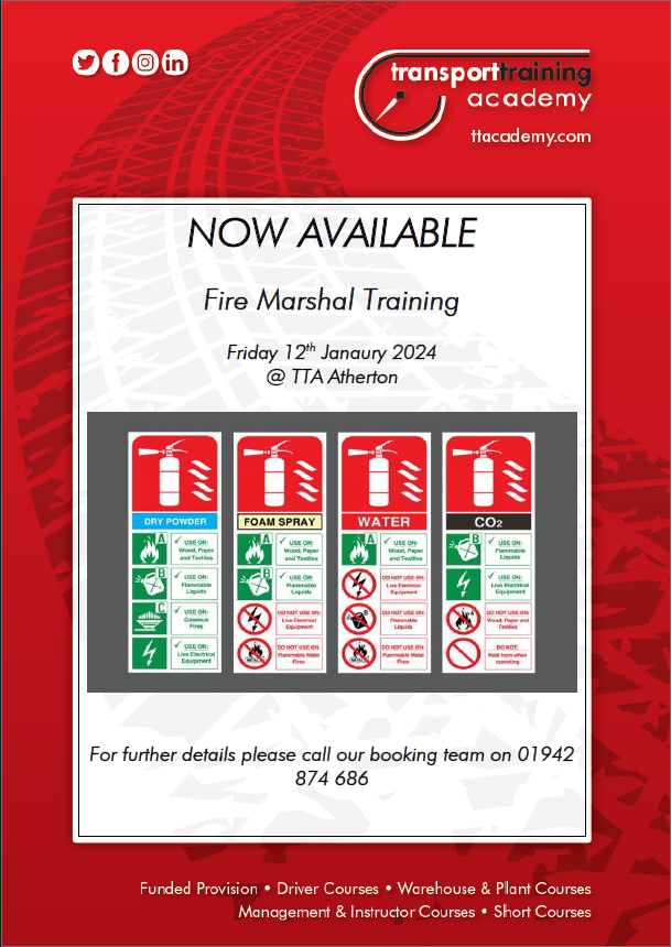 We have spaces available for Fire Marshal Training coming up in January 2024. If you've got a burning passion for Fire Safety, this is the course for you! Book your place by calling us on 01942 974686