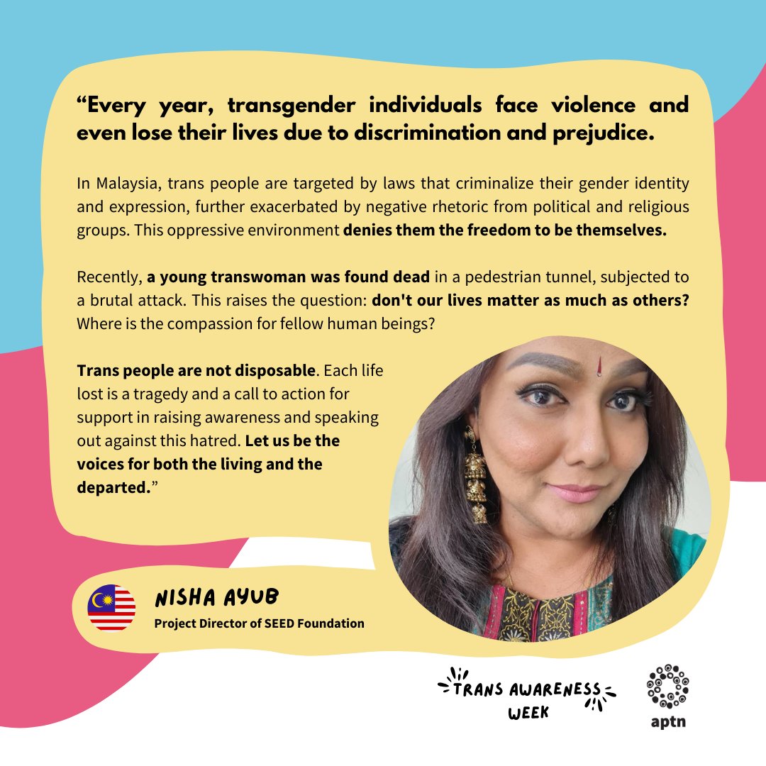 To honor Trans Awareness Week, we reached out to trans activists about their thoughts on transphobic violence happening in their country, and trans advocacy 🌏

Today, we hear from Nisha Ayub from <a href="/SEEDMalaysia/">SEEDMalaysia</a> about Msia's trans fight! 🇲🇾🏳️‍⚧️

#TransRights #TransAwarenessWeek2023