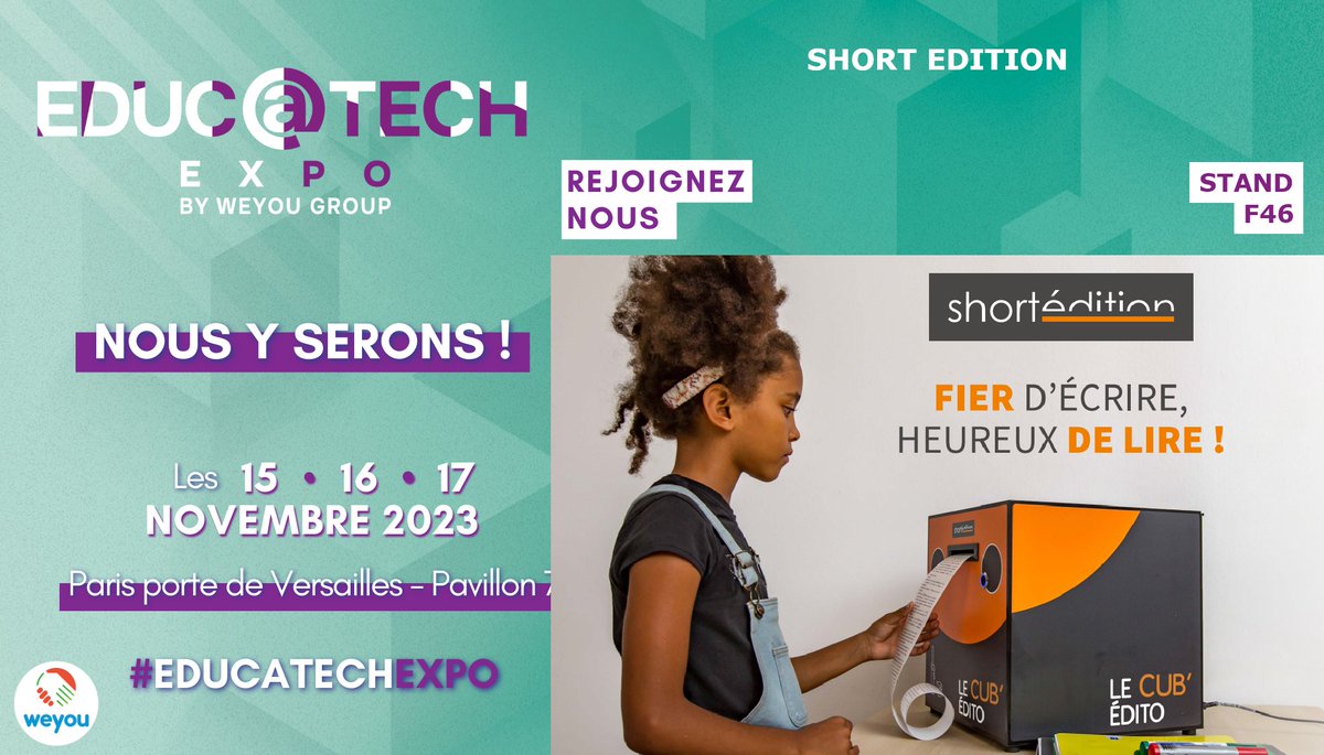 short_edition's tweet image. 📚 SHORT EDITION au salon EDUCATECH 2023 🌟
Retrouvez-nous le 15, 16 et 17 nov. au salon de l&apos;innovation éducative ! Fiers de contribuer à l&apos;éducation numérique responsable💪
@education_gouv @MinistereCC @Edu_Num
#ShortEdition #Educatech #educatechexpo #edtech #salon #Innovation