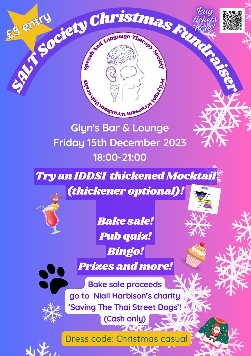 WUSALTSOC's tweet photo. Join us for our first speech and language society event in Glyn’s bar December 15th! ❄️
Enjoy a thickened mocktail 🍹, win prizes at our quiz and bingo 🎁 and buy a sweet treat 🧁 for a good cause! 🐶 https://t.co/mfS057nncs