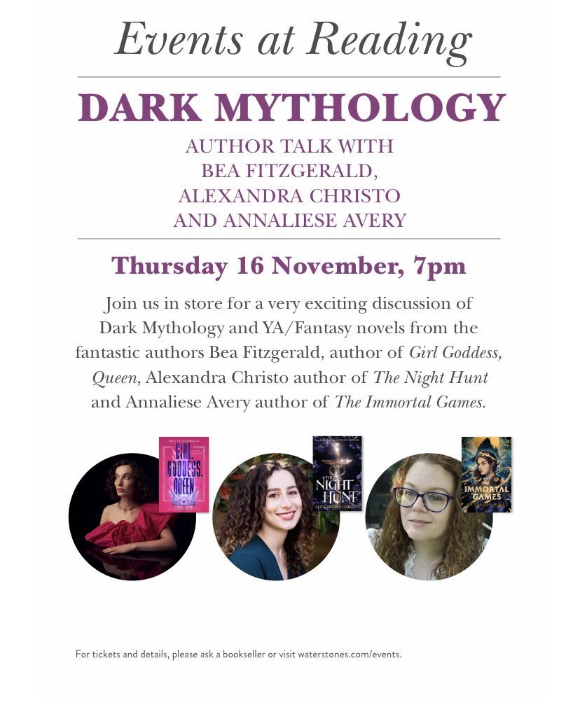 We are welcoming @Bea_a_Bea @alliechristo and @AnnalieseAvery on the 16th November for a very exciting discussion about dark mythology and YA/Fantasy novels! Perfect for the fantasy lovers! 📚 There are still tickets available at waterstones.com/events/dark-my…