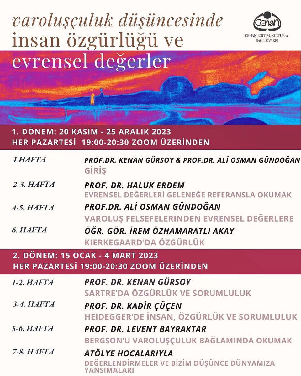 #Varoluşçuluk Düşüncesinde İnsan Özgürlüğü ve Evrensel Değerler Atölyesi kayıtları için son haftamız.. <a href="/ProfKenanGursoy/">Kenan Gürsoy Öğrencileri</a> <a href="/AliOsmanGundoan/">Ali Osman Gündoğan</a> <a href="/cucen_kadir/">A.Kadir Çüçen</a> #HalukErdem #İremÖzhamaratlıAkay #İnsanÖzgürlüğü #Sorumluluk