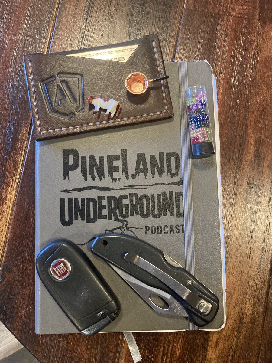 I get a lot of DMs asking about my Every Day Carry (EDC). Here it is.

Atomic Athlete wallet, knife, car key, Pineland Underground notebook, a teeny tiny cow, tiny dice, and a small pan. 

#alwaysbeprepared