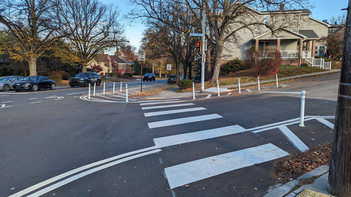Yesterday I rode to Five Points to buy bread and once again encountered this great <a href="/PghDOMI/">Pittsburgh Mobility & Infrastructure</a> intervention to narrow the city owned streets where they intersect with the state owned Wilkins Ave. This slows down turning cars, reduces crossing distances for peds and improving safety.