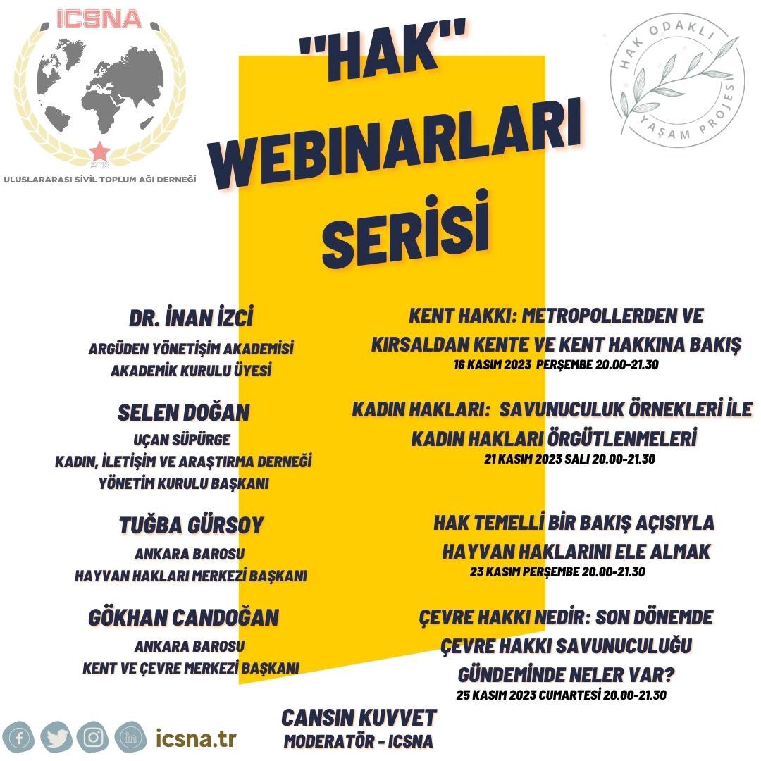 icsnatr's tweet photo. 1) ICSNA Hak Odaklı Yaşam Projesi kapsamında gerçekleştirdiği “Hak Webinarları” kent hakkı, kadın hakları, hayvan hakları ve çevre hakkı üzerine gerçekleştirilecek webinarların konuşmacıları ve takvimi:
Webinar Başvuruları için: https://t.co/QUtLyOZff3
#Hak #ICSNA #İnsanHakları https://t.co/fnFGUzNAuH