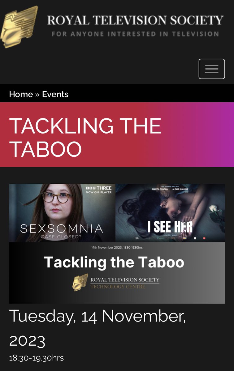 IT’S TOMORROW! 
Join us for this brilliant Royal Television Society panel chaired by yours truly - ‘Tackling the Taboo’.

14th November 2023 - 1830-1930hrs.

Tickets here: rts.org.uk/event/tackling…

‘To be able to confront challenging subject matter head-on in the media often takes