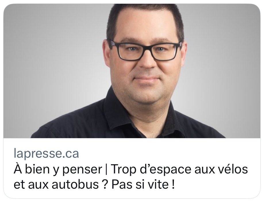 Excellent papier de <a href="/VincentBP/">Vincent Pouliot</a> ce matin. J’amènerais la discussion au niveau supérieur. 

Pour déplacer plus de *gens*, le vélo et le transport collectif sont plus efficaces. Voilà pourquoi il faut investir davantage dans le développement de ces modes. 

lp.ca/8ZQVkC?sharing…