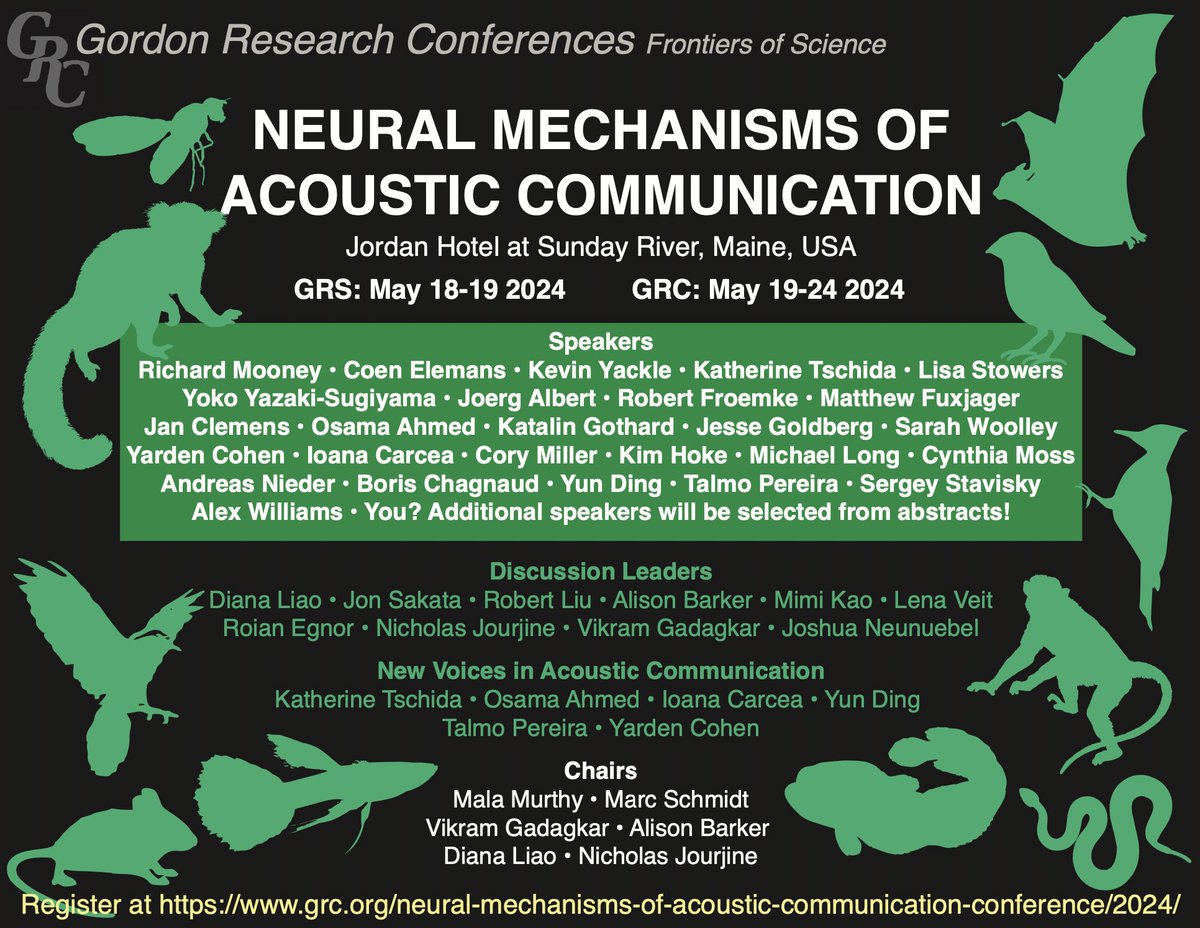 We are excited to announce that registration is open for the 2024 Neural Mechanisms of Acoustic Communication Gordon Research Conference. The preliminary program is now live: grc.org/neural-mechani… We invite everyone to apply! See you @ Sunday River, Maine, May 19-24, 2024.