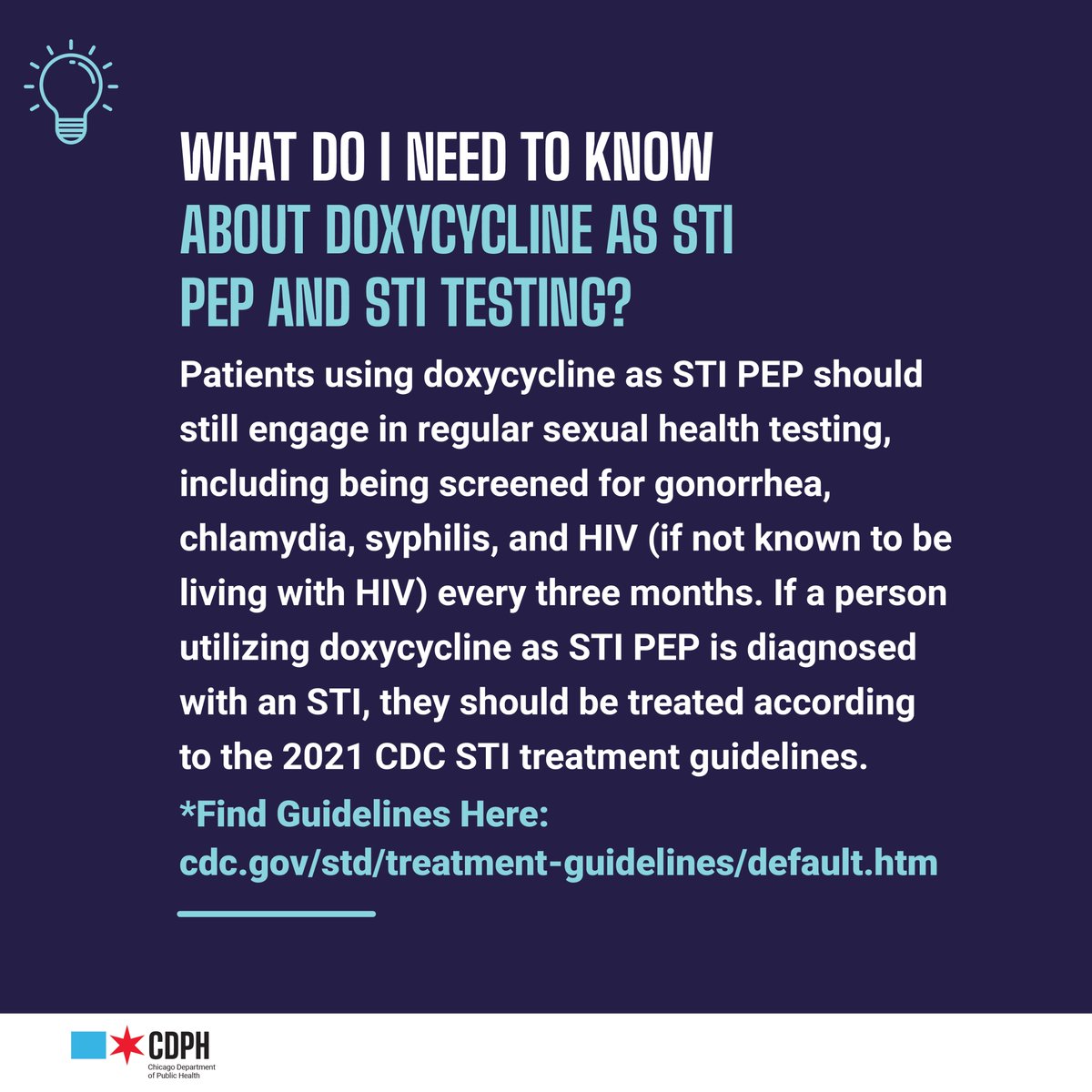 ChiPublicHealth's tweet photo. Doxy-PEP can significantly reduce risk of certain bacterial STIs when given between 24-72 hours of condomless sex. It’s now available at CDPH’s 3 STI Specialty Clinics – Austin, Lakeview, and Roseland.
#PublicHealth #Doxycycline https://t.co/kH2siABDBV