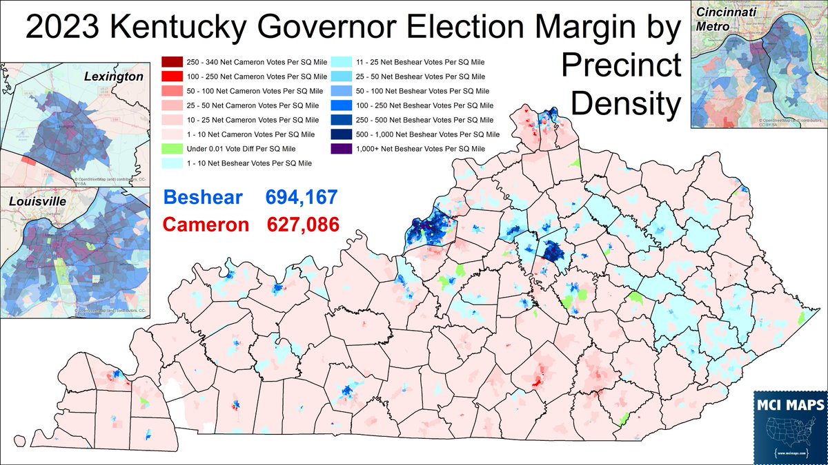 Another way to look at the Kentucky Governor result is by population density.

While Cameron won more land, much of his wins were in low-populated mountain and rural communities.  Almost every city saw clusters of Beshear wins, with only a few dense Cameron areas

#kypol #kygov