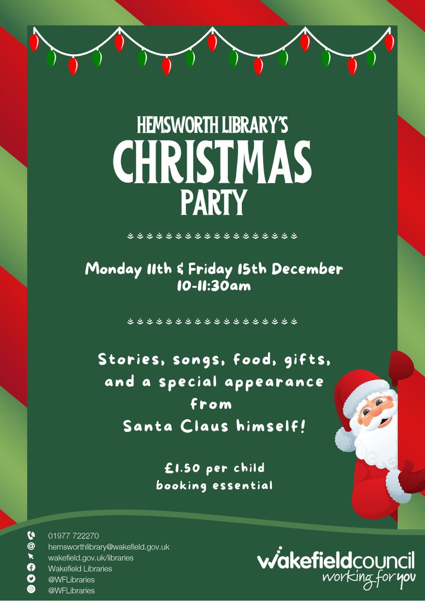 WFlibraries's tweet image. 🎄🥳Join us at #HemsworthLibrary for our exciting Christmas parties! With stories, songs, gifts and a visit from Santa!
📅 Monday 11 Dec &amp;amp; Friday 15 Dec ⏰ both 10-11:30am 📍Hemsworth Library, WF9 4JY
👛£1.50 per child, booking essential
@wakefieldmuseum @experiencewakefield