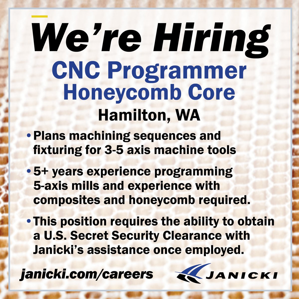 janicki_ind's tweet image. We're seeking a CNC Programmer with experience working on composites and honeycomb core. Think you might be a good fit? Apply here:
janicki.com/job-openings/#…
#cncprogramming #machining #aerospacejobs