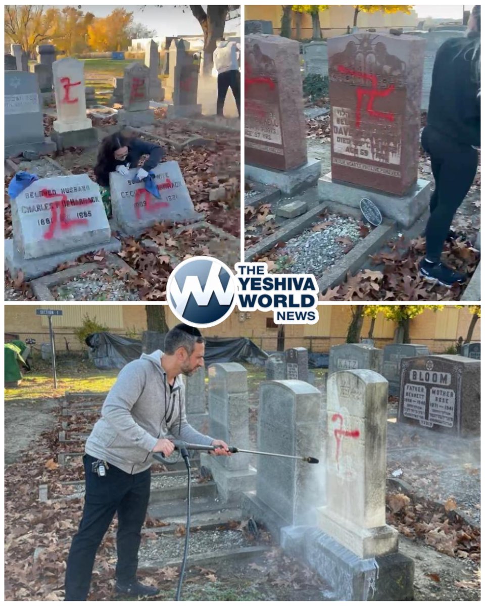 YWN's tweet photo. In a disturbing act of hatred, the Chesed Shel Emes Cemetery in Cleveland, Ohio, became the latest target of antisemitic vandalism, with antisemites defacing multiple kevorim (head stones) with red swastikas. https://t.co/8a7jUap7Q1