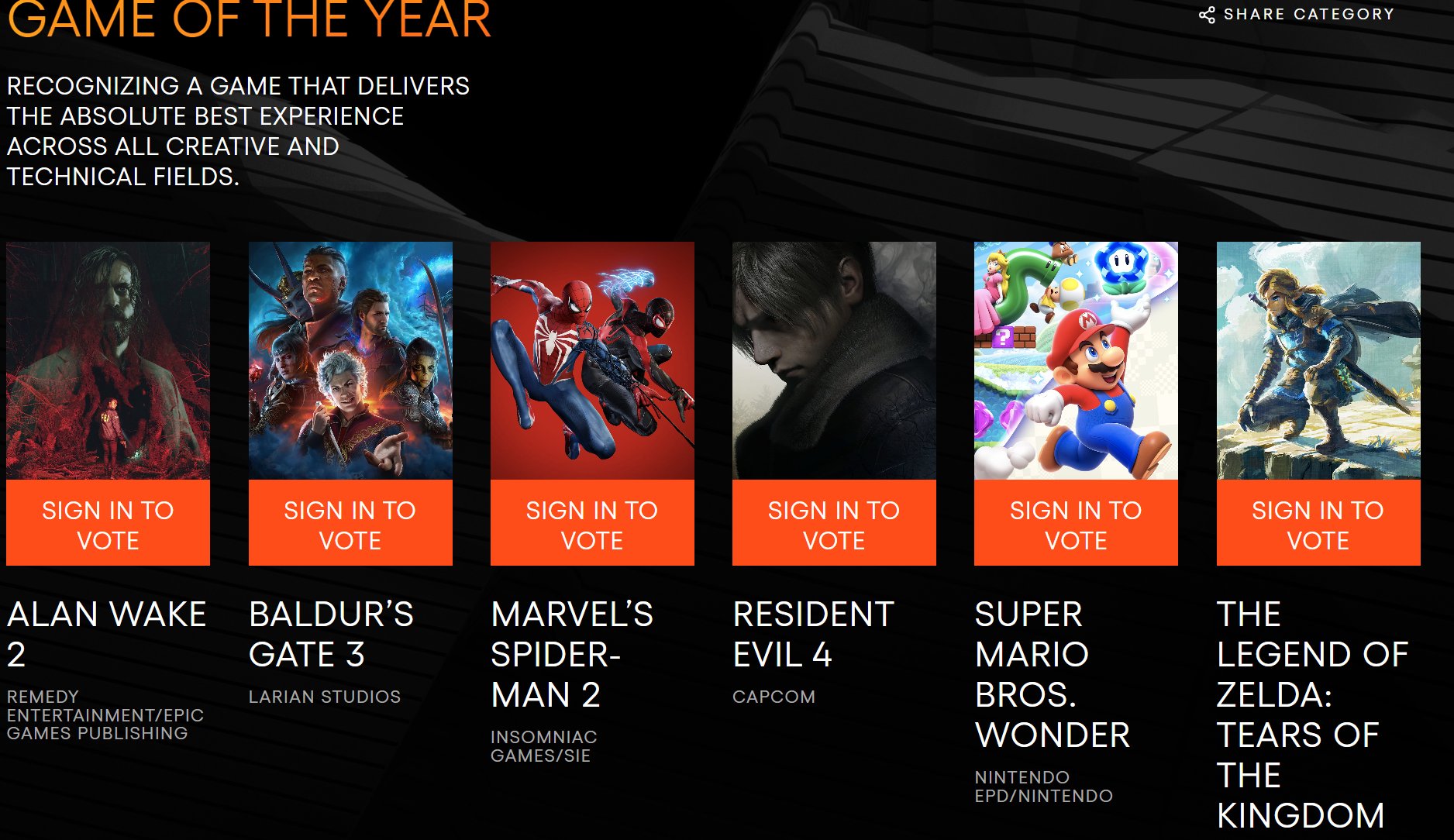 KAMI on X: Official Game of the Year 2023 nominees: • Alan Wake 2 •  Baldur's Gate 3 • Marvel's Spider-Man 2 • Resident Evil 4 • Super Mario  Bros Wonder •