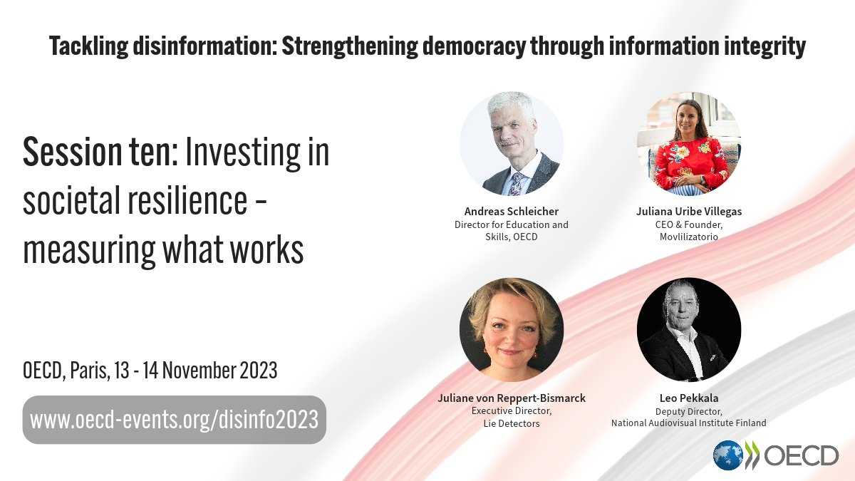 EVENT 📢 Tackling #Disinformation 🤔🚫 📅 14 NOV 🕘 16:30 - 18:00 CET Join Session🔟 as we discuss the #metrics that have been, or could be, established to help identify effective policies in promoting information integrity. 📺Tune in oecd-events.org/disinfo2023