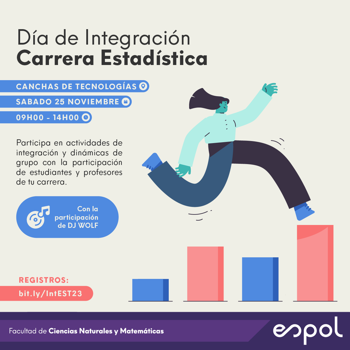 FCNM_Espol's tweet photo. Este 25 de noviembre disfruta de una mañana divertida con actividades y dinámicas en grupo en el Día de Integración de la Carrera de Estadística. ⛹🏻‍♀️📊

Te esperamos en las canchas de tecnologías
🗓️09h00- 14h00

Regístrate en ⬇️
https://t.co/EpWhcArMOz https://t.co/jOn0q345J8