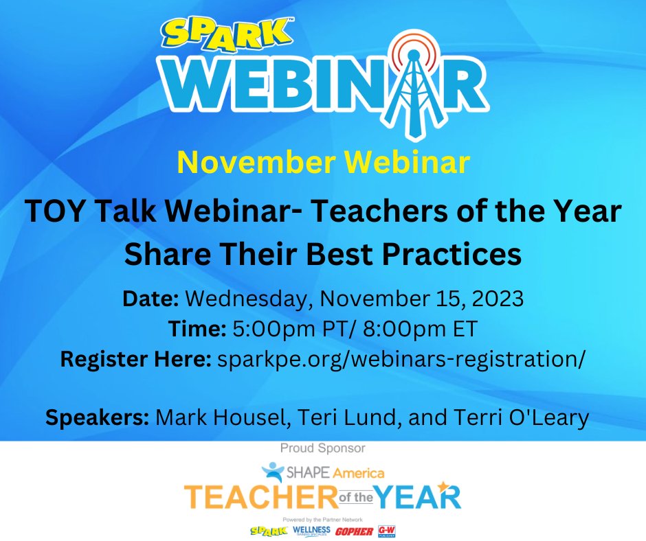 November Webinar: 
#TOYtalk - Teachers of the Year Share Their Best Practices
This unique webinar will be joined by 3 current TOYs who will be sharing success stories, activities and strategies from their #physed programs. 
Register here:  bit.ly/3TrwoLH
@SHAPE_America