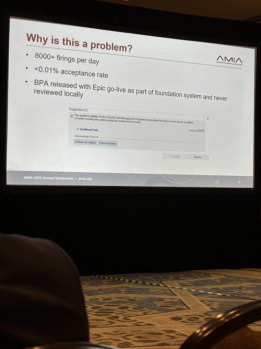 @allisonbmccoy talking about how “cockroaches can sneak in with the furniture” in her CDS Cockroaches panel—this BPA came in with Epic Foundation and was firing 8000x /day but almost never being accepted. Important to review these Foundation alerts! #AMIA2023