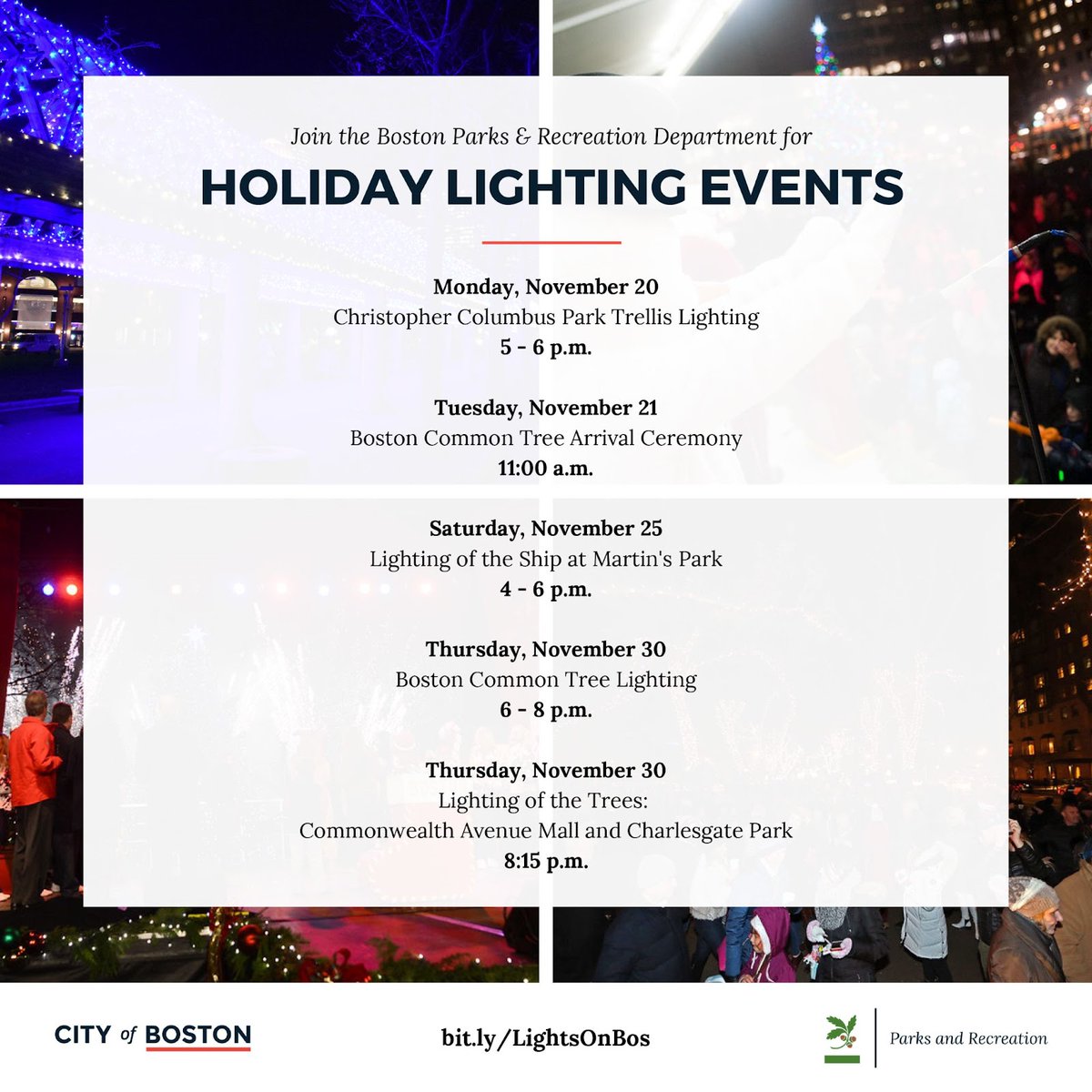 City of Boston (@cityofboston) on Twitter photo Mark your calendars!
The <a href="/BostonParksDept/">Boston Parks and Recreation Department</a> kicks off the holiday season with its 2023 schedule of lighting celebrations in City of Boston parks, starting next Monday, November 20, at 5 p.m. in the North End.
➡️ boston.gov/lights-on-bos Mark your calendars!
The <a href="/BostonParksDept/">Boston Parks and Recreation Department</a> kicks off the holiday season with its 2023 schedule of lighting celebrations in City of Boston parks, starting next Monday, November 20, at 5 p.m. in the North End.
➡️ boston.gov/lights-on-bos