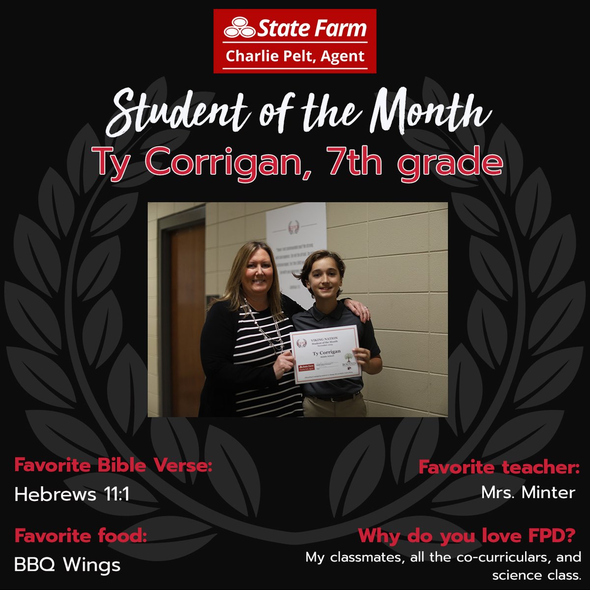 Congratulations to FPD's State Farm Charlie Pelt Students of the Month for November! #Rooted #VikingNation