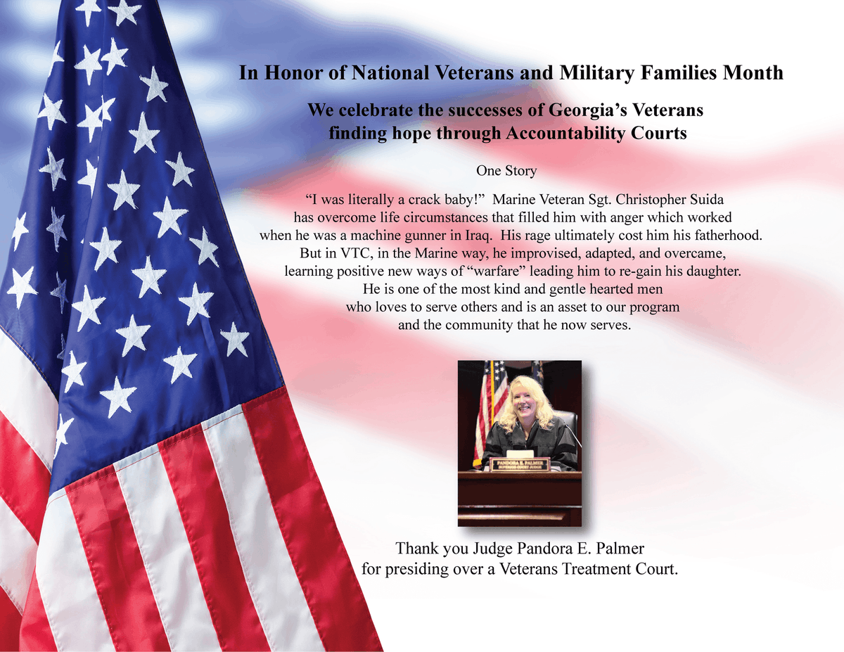 GACourts's tweet photo. In honor of #MilitaryFamilyAppreciationMonth, here is an excellent story about a participant from Judge Pandora Palmer’s Veteran Treatment Court in Henry County, “in VTC, in the Marine way, he improvised, adapted, and overcame. . . . leading him to regain his daughter.” https://t.co/s9zq1chsnp