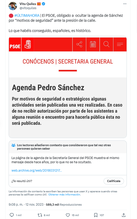 JulianMaciasT's tweet photo. El ridículo de Alvise y Vito Quiles no conoce límites, no solo se inventan que Pedro Sánchez ocultó su agenda publicando una captura de la web del PSOE de 2015, sino que dicen que es gracias a ellos.
Vito Quiles 6K Rts (y nota de la comunidad) y Alvise 300K en telegram.
IMPUNES. https://t.co/9o3xGrIU2x